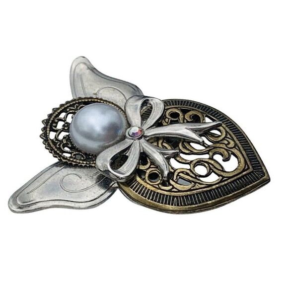Vintage Silver Gold Tone Faux White Pearl Rhinestone Paisley Heart Angel Brooch - Picture 3 of 6